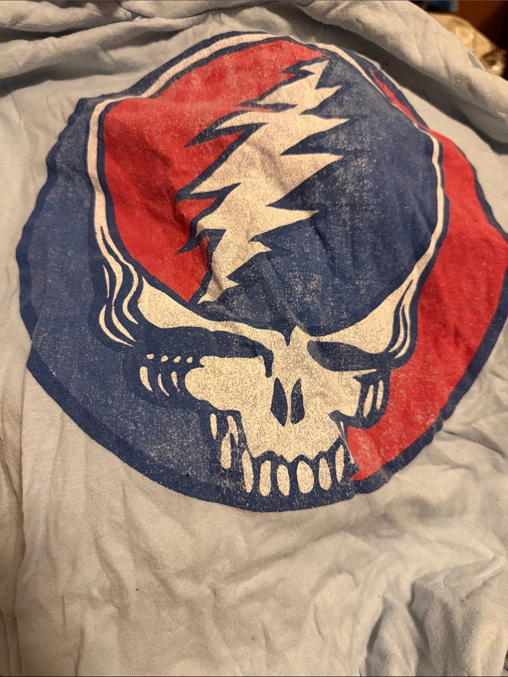 Grateful Dead Light Blue Tee with Red, Blue & White Steal Your Face Graphic
